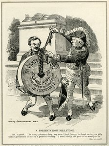 &39;A Presentation Millstone&39;, o Primeiro Ministro Asquith apresenta o Chanceler do Tesouro, Lloyd George, com o esquema de Pensões da Velhice, 1908 de Edward Linley Sambourne