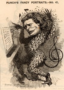 "Anton Rubinstein (1829-1894) Pianista, compositor e maestro russo, fundador do Conservatório de São Petersburgo. Na temporada de concertos de 1881 em Londres, ganhou cerca de £10.000. Uma das suas composições foi a ópera "Demon" (1875). Desenho animado de