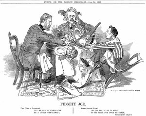 Governo de Coligação. Duque de Devonshire e Arthur Balfour (centro) tentando controlar Joseph Chamberlain, líder do partido júnior da coligação. Em setembro de 1903 ele renunciou a ser livre para defender as suas reformas tarifárias. Desenho animado de Edw