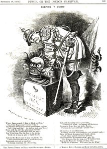 A fazer pouco barulho. Otto von Bismarck (1815-1898) Chanceler da Alemanha, tentando forçar o Valete do Socialismo a voltar para a sua caixa. As legendas dizem-lhe que cada acto de repressão é um elixir para o desejo humano de mais liberdade. Desenho anima