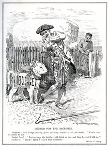Lloyd George se prepara para enviar seu "cordeiro de estimação", o "Orçamento Popular", para ser sacrificado e morto pela Câmara dos Lordes, em 1909