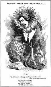 Oscar Wilde (1854-1900) dramaturgo irlandês, romancista, poeta e sagaz. Desenho animado por Edward Linley Sambourne da sua série 