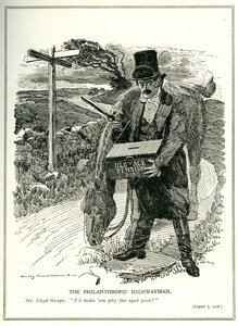 &39;The Highwayman Filantrópico&39;, Lloyd George com o Old Age Pension Fund, cartum da revista &39;Punch&39;, 5 de agosto de 1908
