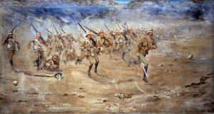Regresso de Fore and Aft, Regimento de Gloucestershire avançando para o ataque, India North West Frontier, 1897