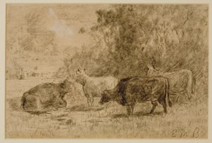 Paisagem com Quatro Vacas, c. 1880s (carvão sobre papel) de Edward Mitchell Bannister
