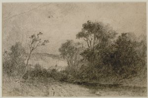 Paisagem com telhados atrás de árvores (#49) c. 1880 (grafite sobre papel) de Edward Mitchell Bannister