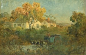 O homem da piscina bebendo na carroça com bois na piscina, 1895. de Edward Mitchell Bannister