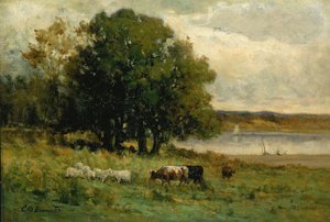 Sem título (gado perto de um rio com um barco à vela à distância) de Edward Mitchell Bannister