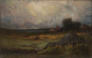 Sem título (paisagem com rocha em primeiro plano e telhado com campanário, lago ao fundo) de Edward Mitchell Bannister