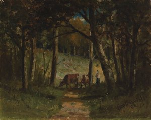 Vacas sem título no caminho na floresta, 1883. de Edward Mitchell Bannister