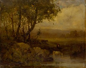 Paisagem sem título, margem do rio, três vacas. de Edward Mitchell Bannister