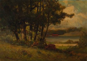 Paisagem sem título com vacas pastando perto do rio, 1891. de Edward Mitchell Bannister