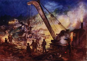 Guindaste que remove os destroços do local de um acidente ferroviário (cor litho) de Edward Parick Kinsella