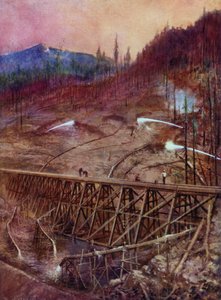Preenchimento de um cavalete em uma ferrovia por canalização hidráulica (lito a cores) de Edward Parick Kinsella