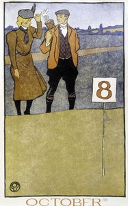 Casal jogando golfe - em "Golf Calendar" por Edward Penfield, ed. 1899 de Edward Penfield