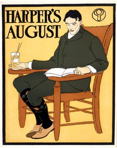 Homem sentado numa cadeira cor de laranja, em August Harper de Edward Penfield