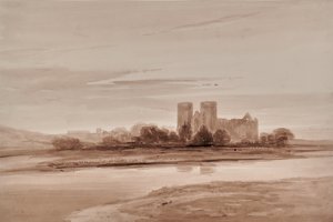 Paisagem com igreja e rio ou lago de Edward Pretty