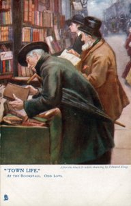 Vida na cidade: clientes navegando em uma banca de livros (cor litho)