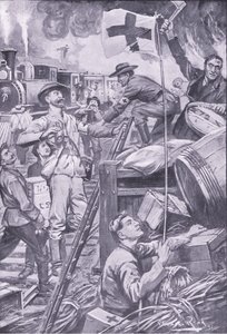 Ambulantes bárbaros destruindo lojas em Komati Foort sob o disfarce da bandeira da Cruz Vermelha, ilustração deAposta Pretoria: A guerra de guerrilha, 1902 de Edward Read