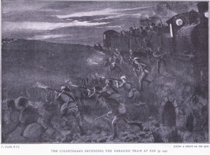 Os Coldstreams defendendo um trem descarrilado, ilustração de After Pretoria: The Guerilla War, 1902 de Edward Read