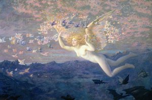 Nas Asas da Manhã, 1905 (wc aumentado com tinta bodycolour und gold) de Edward Robert Hughes