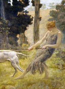Mulher a passear o seu cão (tempera a bordo) de Edward Robert Hughes