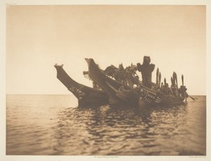 Bailarinos mascarados em Canoes-Qagyuhl A de Edward S. Curtis
