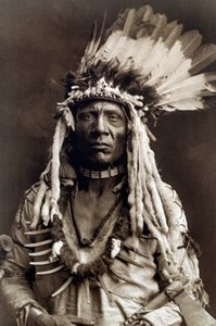 Cauda de Doninha (Apohsuyis). Retrato do chefe índio da tribo Piegan veste a famosa pena de águia e o toucado de doninha, uma túnica de camurça, dois colares, um em osso e outro em garras pardas, e um cachimbo tomahawk de Edward Sheriff Curtis