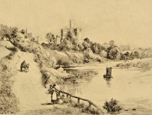 O Coquet: Castelo de Warkworth desde a estrada para Amble, c.1880 (gravura)
