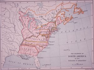 As Colónias da América do Norte na Declaração de Independência (cor litho) de Edward Stanford