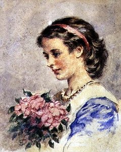 Menina com um ramo de flores cor-de-rosa (aguarela sobre lápis sobre papel) de Edward Tayler