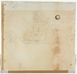 Estudo para Cabine e Roda Dianteira Esquerda da Carruagem e Estudo para Cabeça da Figura Coroada Sentada no Topo da Carruagem (verso) de Edward Tennyson Reed