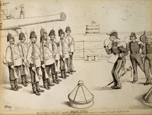História não gravada! Contar aos Fuzileiros a bordo do HMS Taradiddle a determinação do Governo de Sua Majestade - como uma concessão ao preconceito das potências continentais - de evacuar o Egipto numa data antecipada: provavelmente o primeiro de Abril de Edward Tennyson Reed