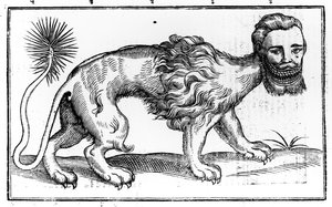 Manticore de "Historie of Foure-Footed Beastes", de Edward Topsell, publicado em 1607 de Edward Topsell