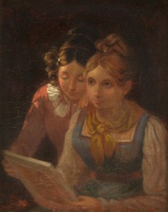 Duas meninas olhando para uma foto, c.1820 (óleo no painel)