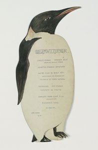 Menu em forma de pinguim-imperador, para o jantar do solstício de inverno, Cabo Evans, 22 de junho de 1912 (caneta e guache no cartão) de Edward W. Nelson