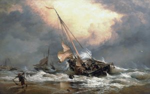 Pescadores a puxar os seus barcos na costa do Mar do Norte, perto de Scheveningen (Holanda). Óleo sobre tela de Edward William Cooke