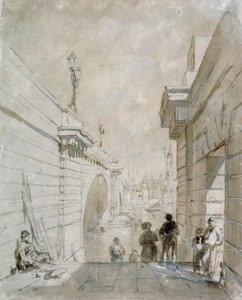 London Bridge, olhando para o norte do patamar superior dos degraus perto da Tooley Street, 1833 de Edward William Cooke