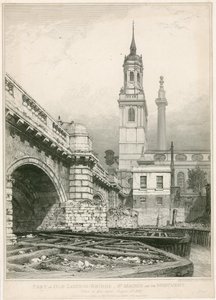 Parte da antiga ponte de Londres, St Magnus e o monumento de Edward William Cooke