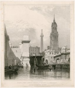 Passos da nova ponte de Londres, St Magnus, o monumento e parte da ponte velha de Edward William Cooke