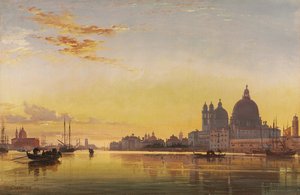 Pôr do sol na lagoa de Veneza, Igreja da Isola di San Giorgio em Alga à distância,