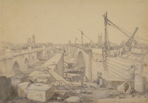 A construção da ponte de Londres, 1830 de Edward William Cooke