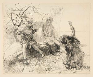 Caliban, Stephano e Trinculo (Ariel invisível), ilustração para o Acto II, Cena II, A Tempestade de Edwin Austin Abbey