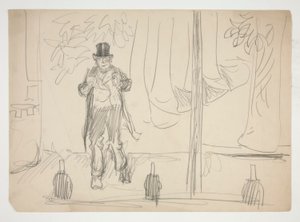 Desenho animado de um actor em palco(?) - ilustração não identificada de Edwin Austin Abbey