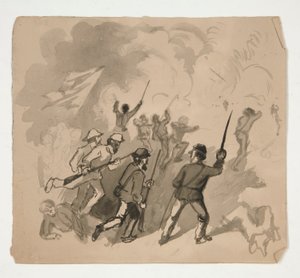 Cena de batalha da Guerra Civil (reto); Ilustração não identificada de homem em uma floresta (verso) de Edwin Austin Abbey