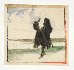 Homem camuflado na paisagem - ilustração não identificada de Edwin Austin Abbey