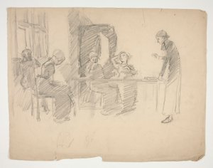 Estudo inicial para Stony Ground 1884, interior com figuras de Edwin Austin Abbey