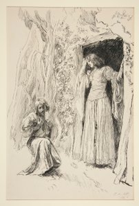 Ferdinand Meets Miranda, ilustração para o Acto III, Cena i, A Tempestade de Edwin Austin Abbey