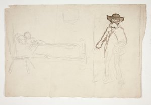 Figura na cama, homem a entrar no quarto - ilustração não identificada de Edwin Austin Abbey