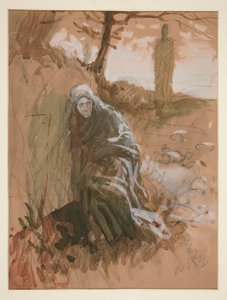 Figura em madeira - ilustração não identificada de Edwin Austin Abbey